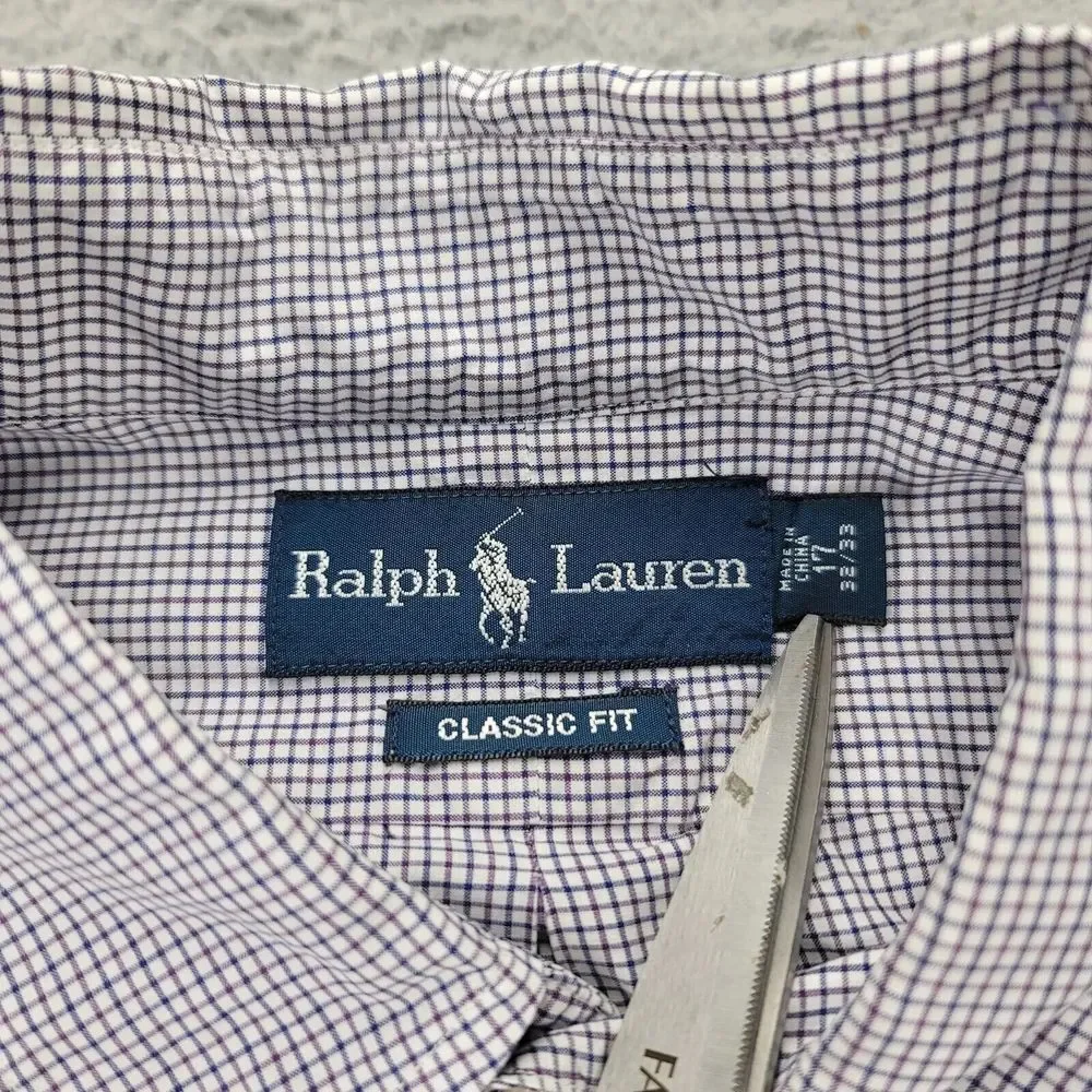 Ralph Lauren Shirt Mens 17 32-33 Purple Plaid Flesh Pony Classic‎ Fit Flesh Pony